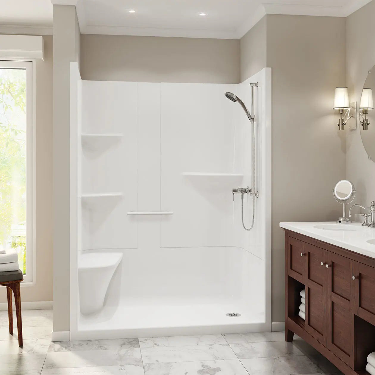 Maax Camelia SH-6034 Acrylic Alcove Left-Hand Drain One-Piece Shower in White 105921-NL-000-001 - Plumbing Market