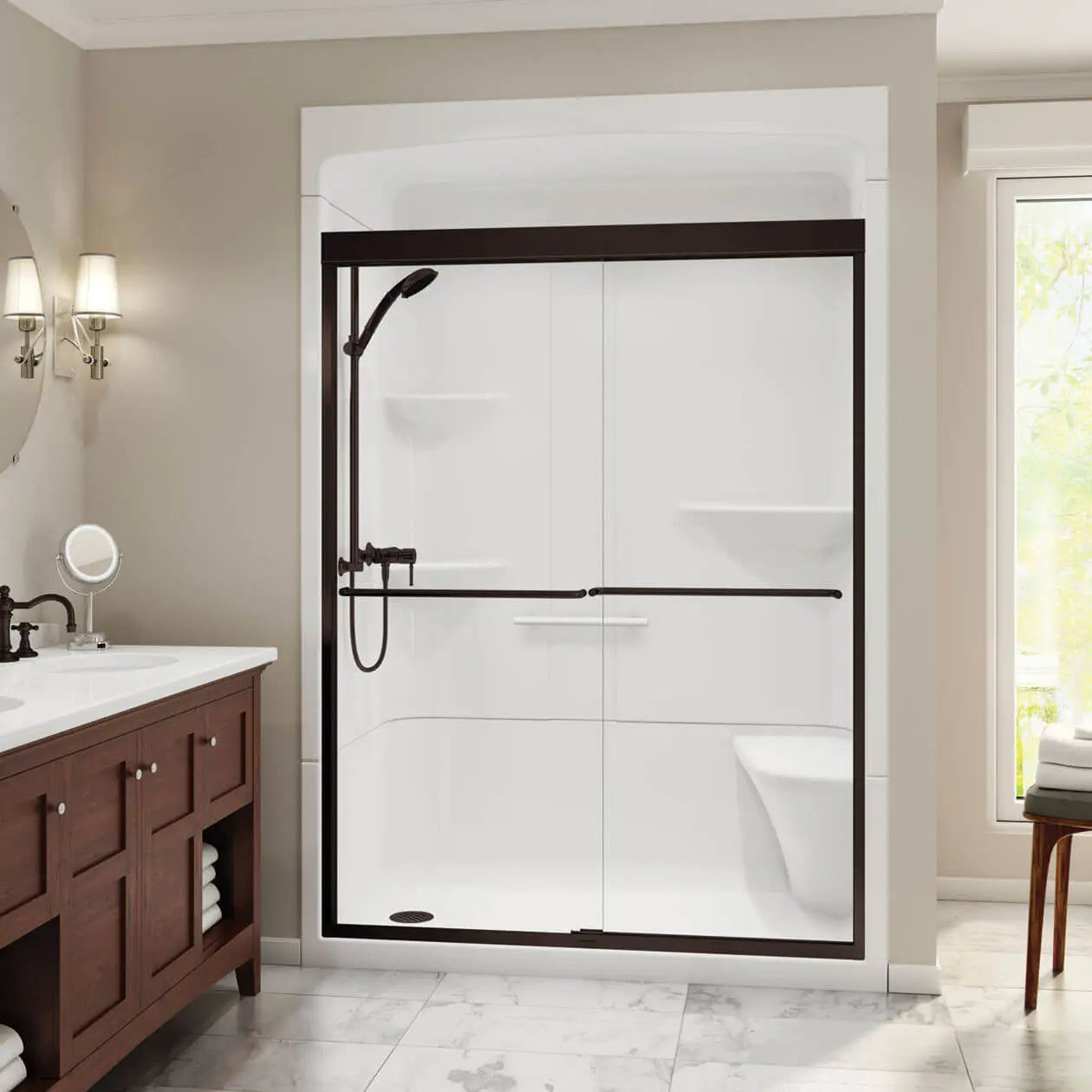 Maax Camelia SHR-6034 Acrylic Alcove Center Drain Three-Piece Shower in White 105922-000-001-190 - Plumbing Market