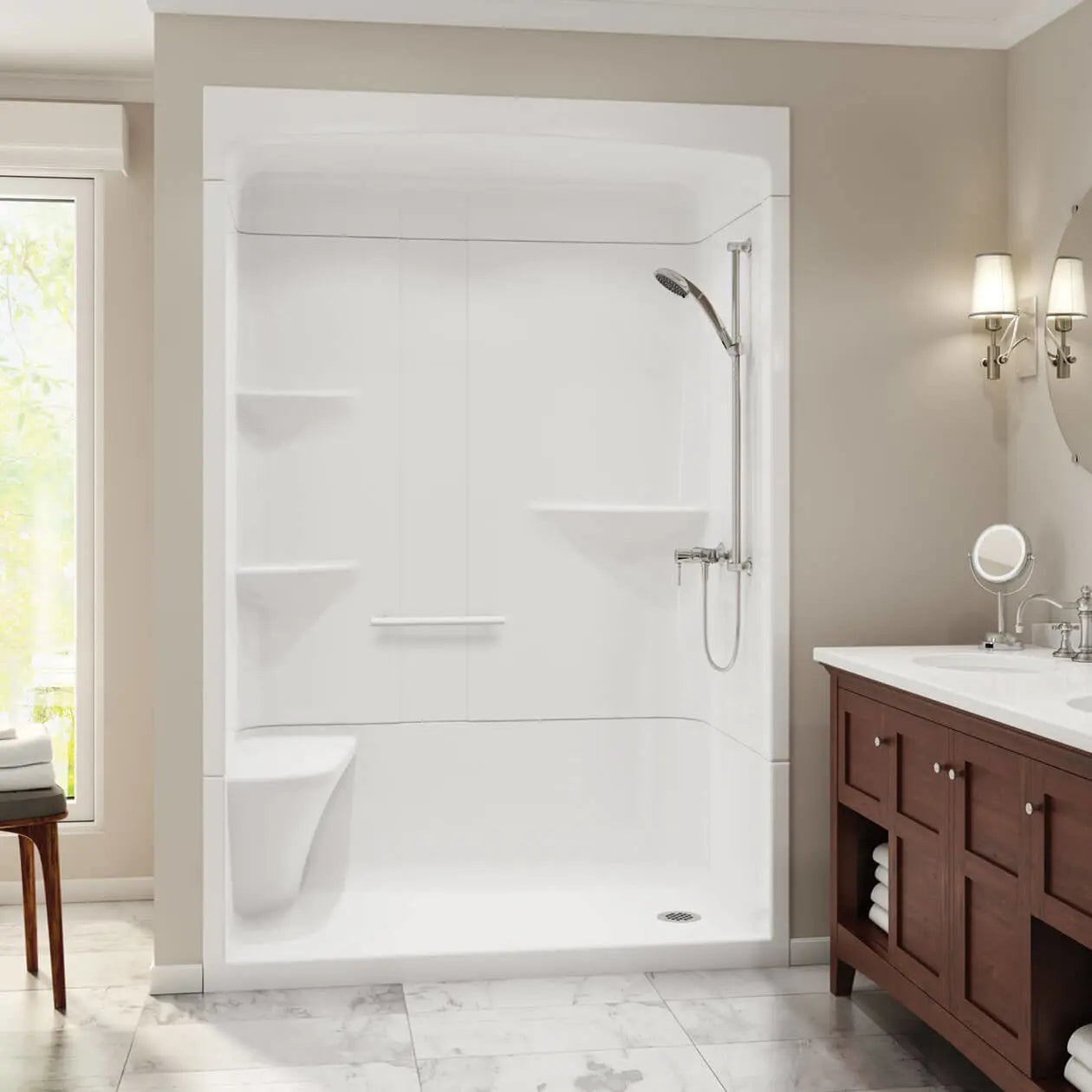Maax Camelia SHR-6034 Acrylic Alcove Center Drain Three-Piece Shower in White 105922-000-001-190 - Plumbing Market