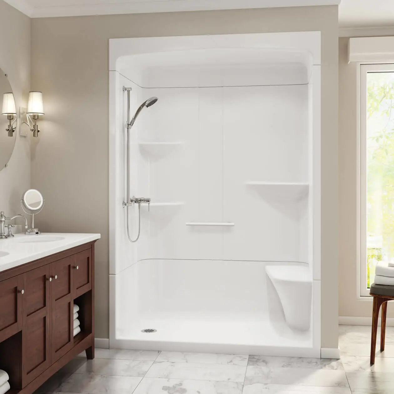 Maax Camelia SHR-6034 Acrylic Alcove Center Drain Three-Piece Shower in White 105922-SRC-000-001 - Plumbing Market