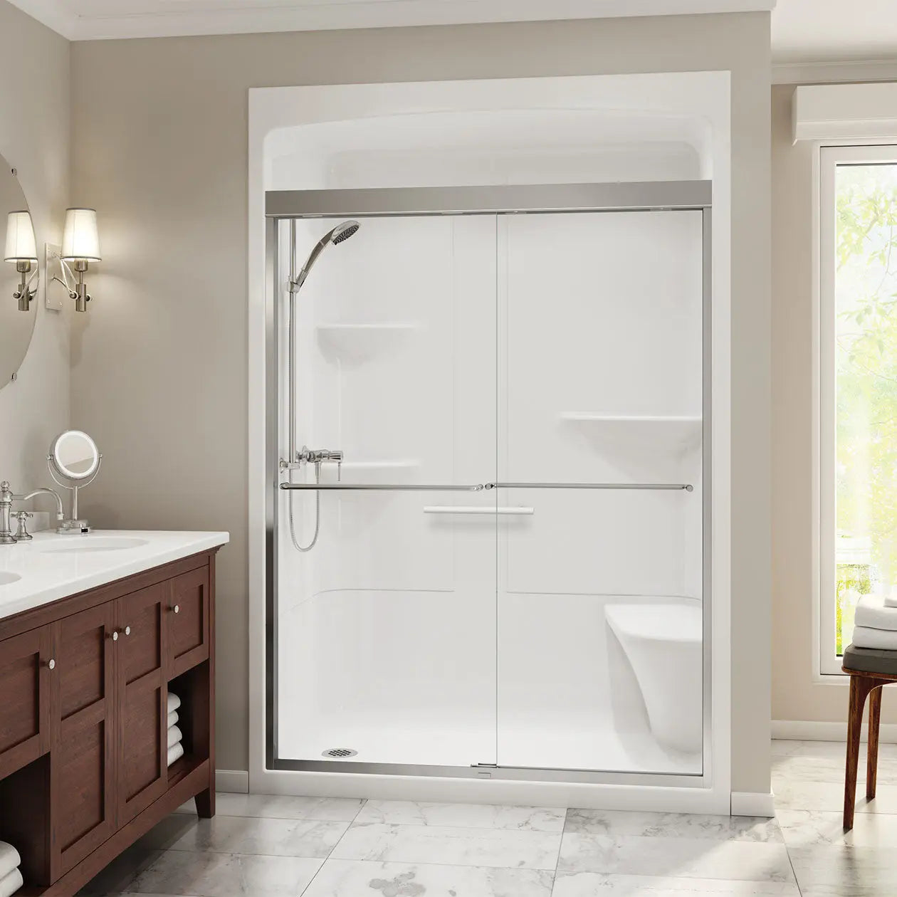 Maax Camelia SHR-6034 Acrylic Alcove Left-Hand Drain One-Piece Shower in White 105922-NL-000-001 - Plumbing Market