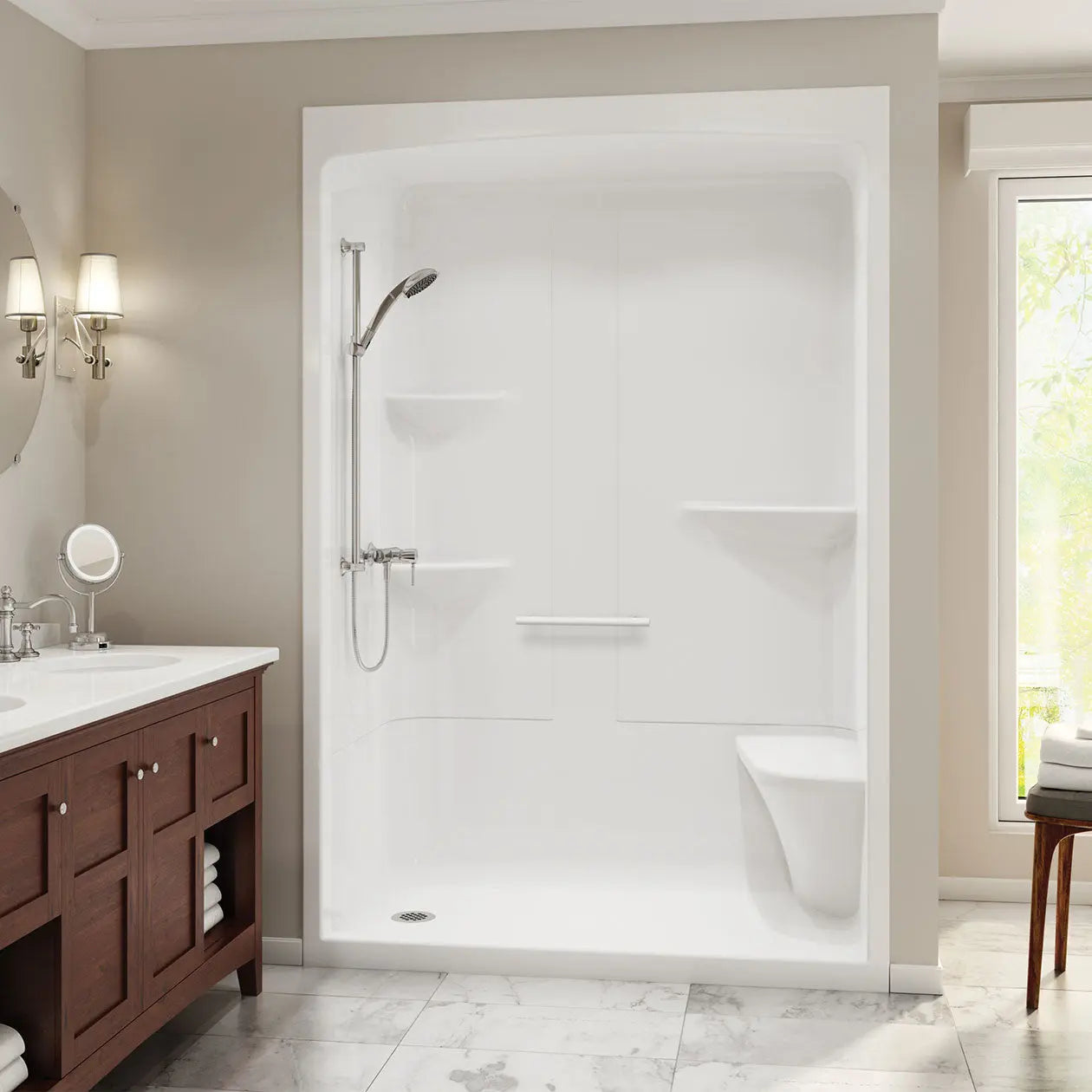 Maax Camelia SHR-6034 Acrylic Alcove Left-Hand Drain One-Piece Shower in White 105922-NL-000-001 - Plumbing Market