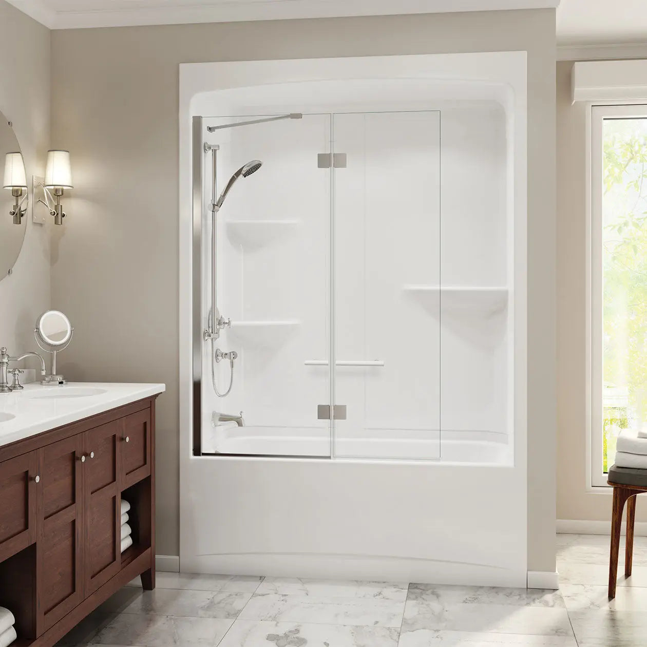 Maax Camelia TSR-6032 Acrylic Alcove Right-Hand Drain One-Piece Tub Shower in White 105916-R-000-001 - Plumbing Market