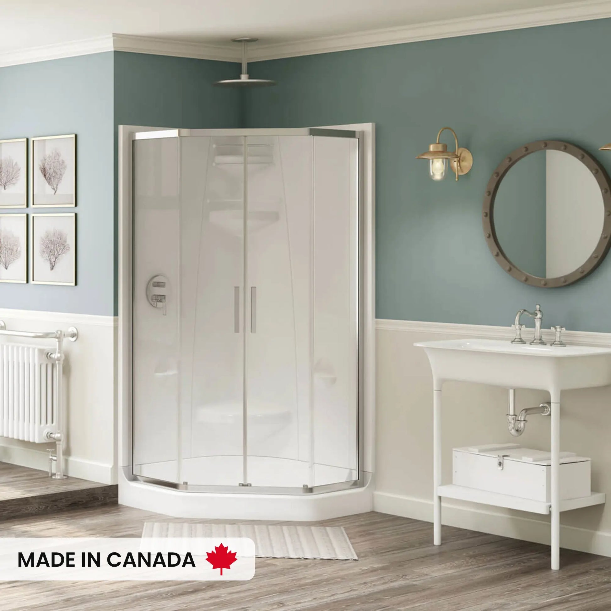 Maax Freestyle 40 Neo-Angle 40 x 40 Acrylic Corner Center Drain One-Piece Shower with Corner Seat in White 102997-C-000-001 - Plumbing Market