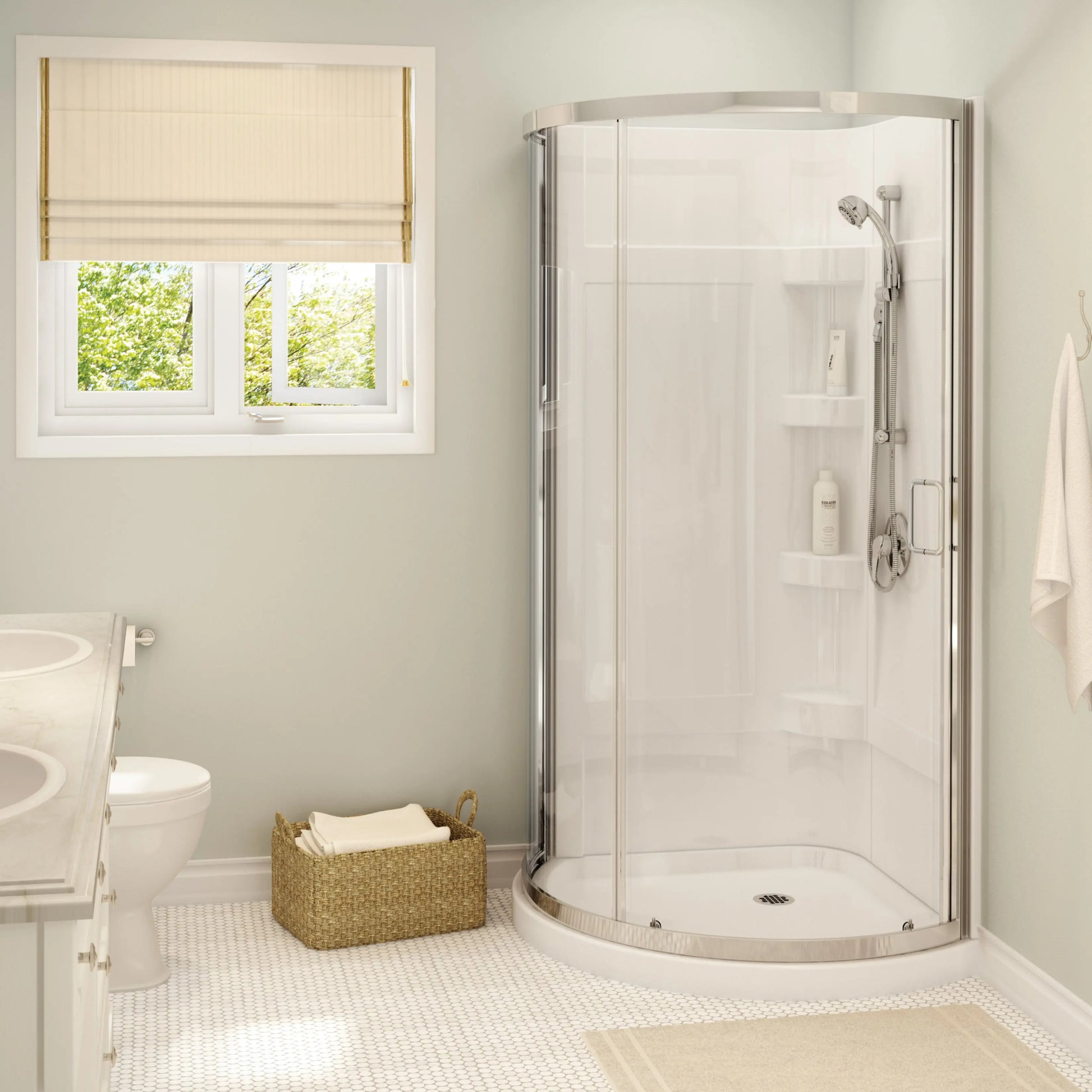 Maax Iris II 34 x 34 Acrylic Center Drain Shower Kit in White with Clear glass in Chrome 300002-000-001-102 - Plumbing Market