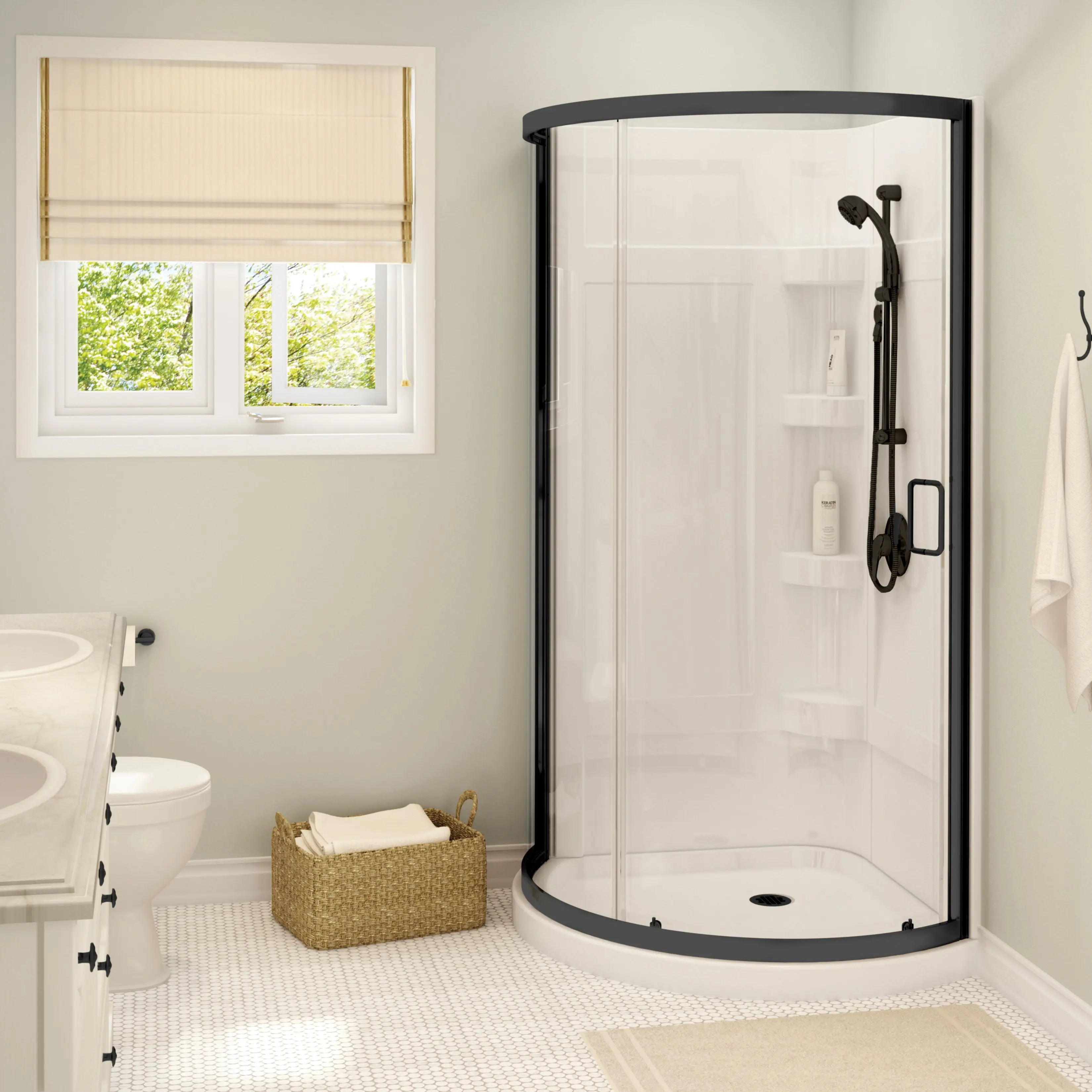 Maax Iris II 34 x 34 Acrylic Center Drain Shower Kit in White with Clear glass in Matte Black 300002-000-001-105 - Plumbing Market