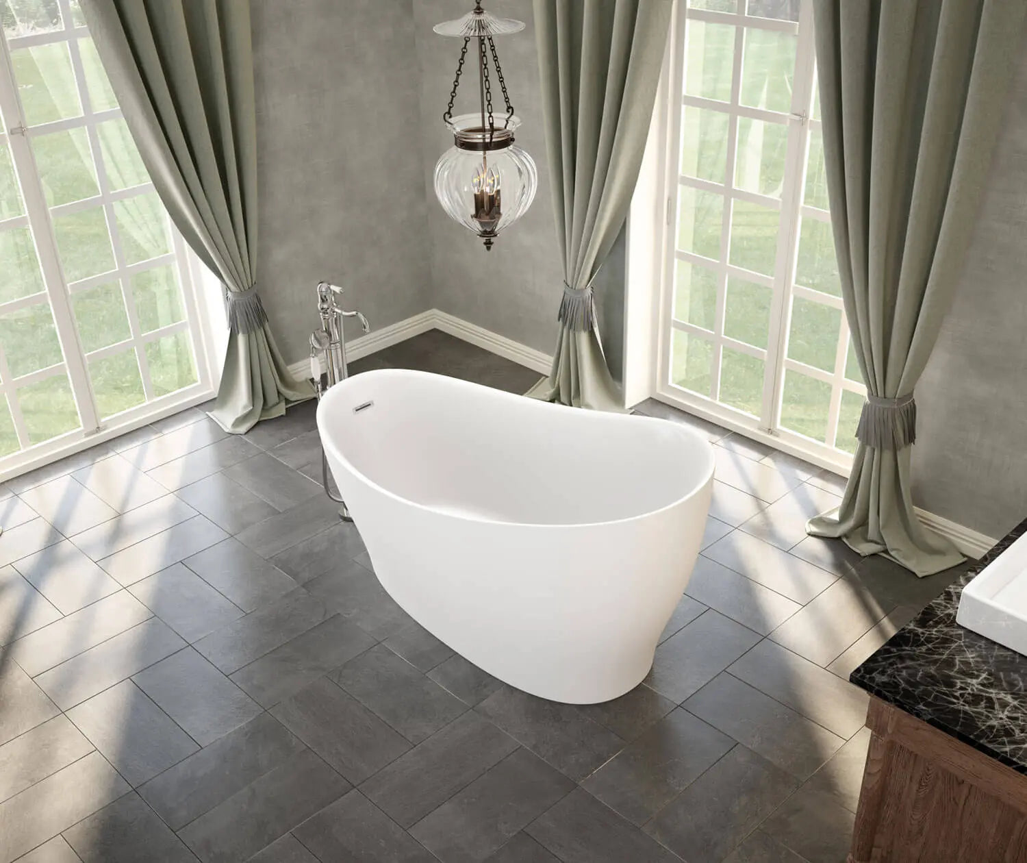 Maax Joan 61 x 32 Acrylic Freestanding End Drain Bathtub in White with White Skirt - Plumbing Market