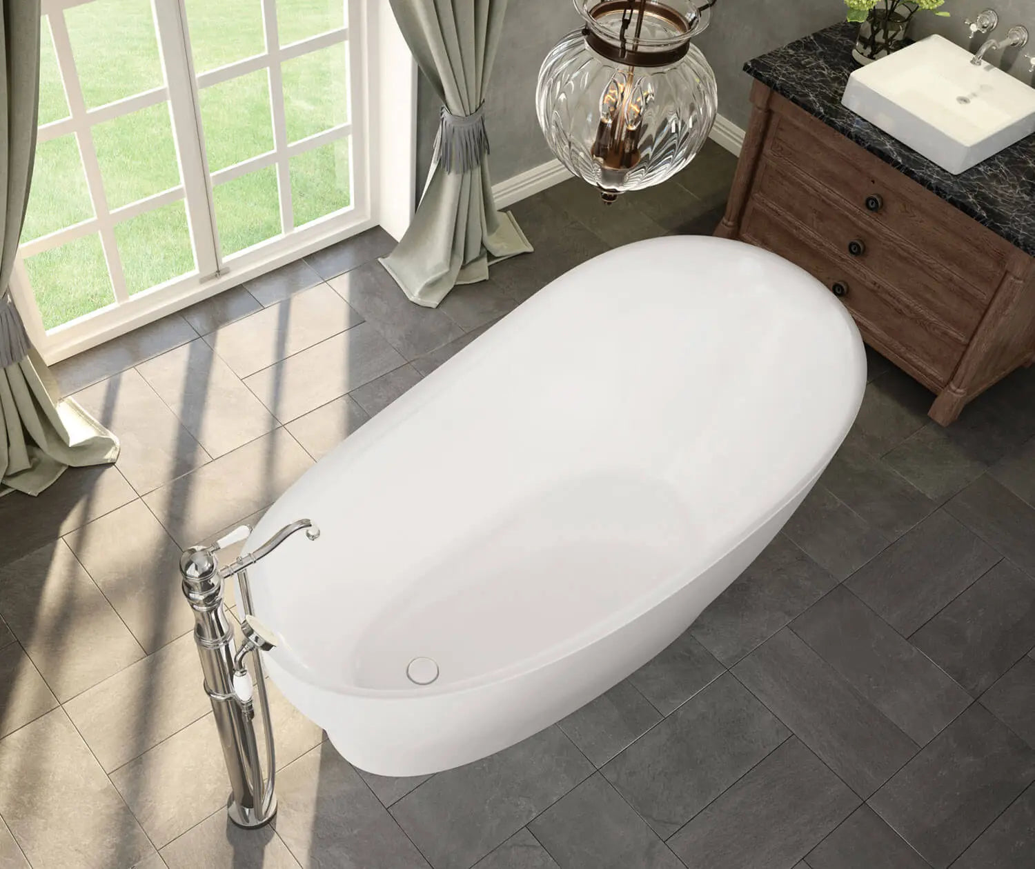 Maax Joan 61 x 32 Acrylic Freestanding End Drain Bathtub in White with White Skirt - Plumbing Market