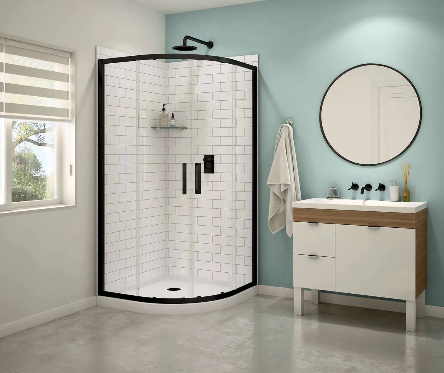 Maax Kassia 38 x 38 Acrylic Center Drain Shower Kit in White with Clear glass  in Matte Black 107170-900-340-000 - Plumbing Market