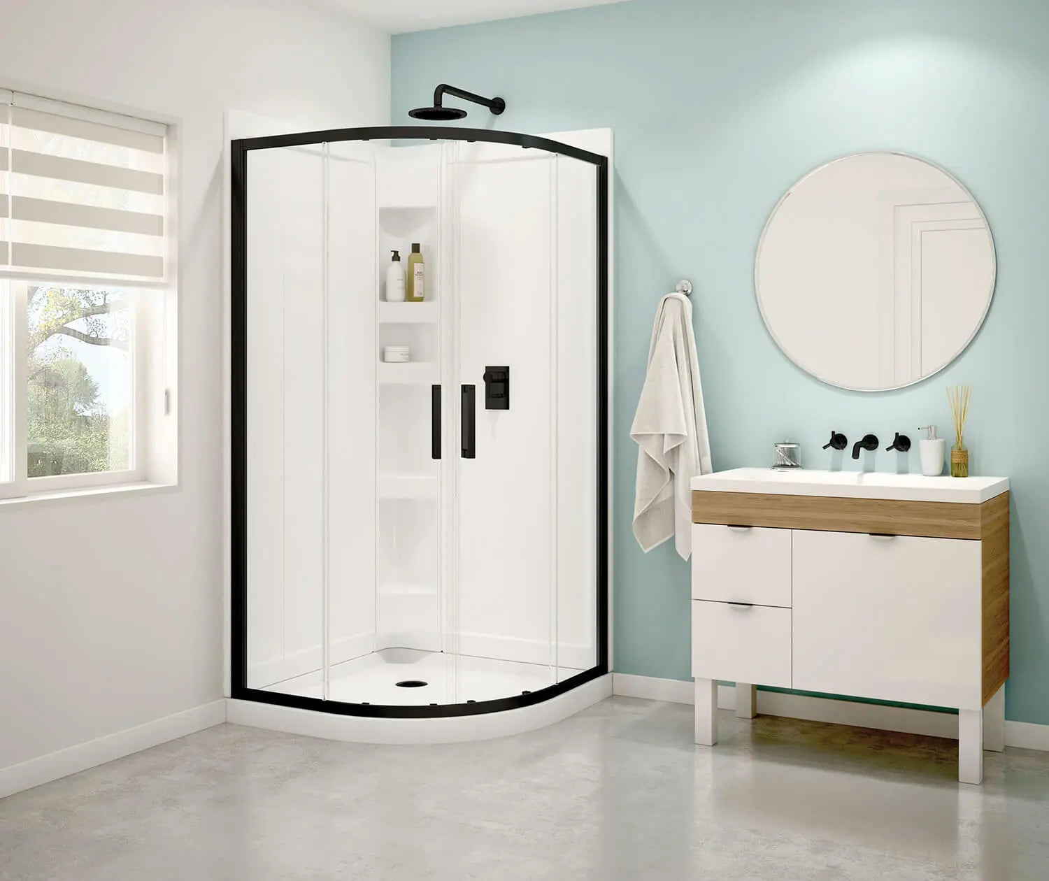 Maax Kassia 38 x 38 Acrylic Center Drain Shower Kit in White with Clear glass  in Matte Black 107170-900-340-000 - Plumbing Market