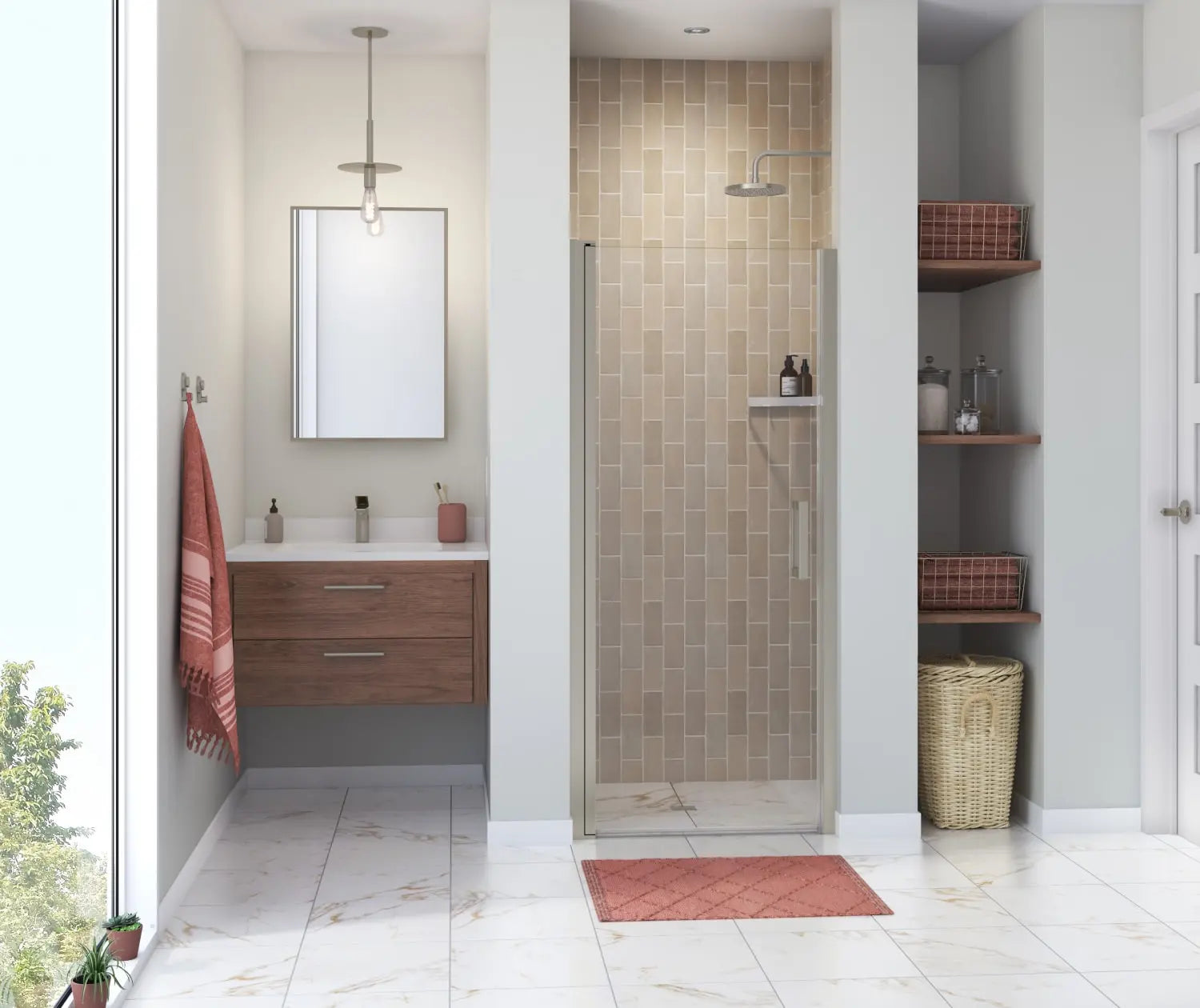 Maax Manhattan 33-35 x 68 in. 6 mm Pivot Shower Door for Alcove Installation with Clear glass & Square Handle in Brushed Nickel 138265-900-305-101 - Plumbing Market