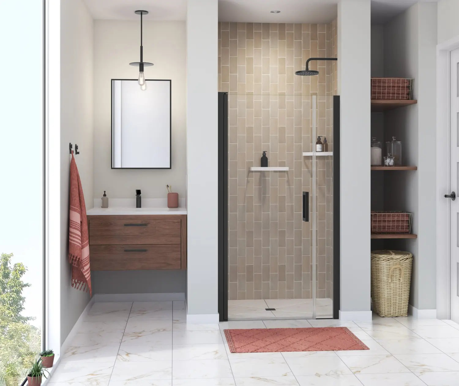 Maax Manhattan 39-41 x 68 in. 6 mm Pivot Shower Door for Alcove Installation with Clear glass & Square Handle in Matte Black 138268-900-340-101 - Plumbing Market