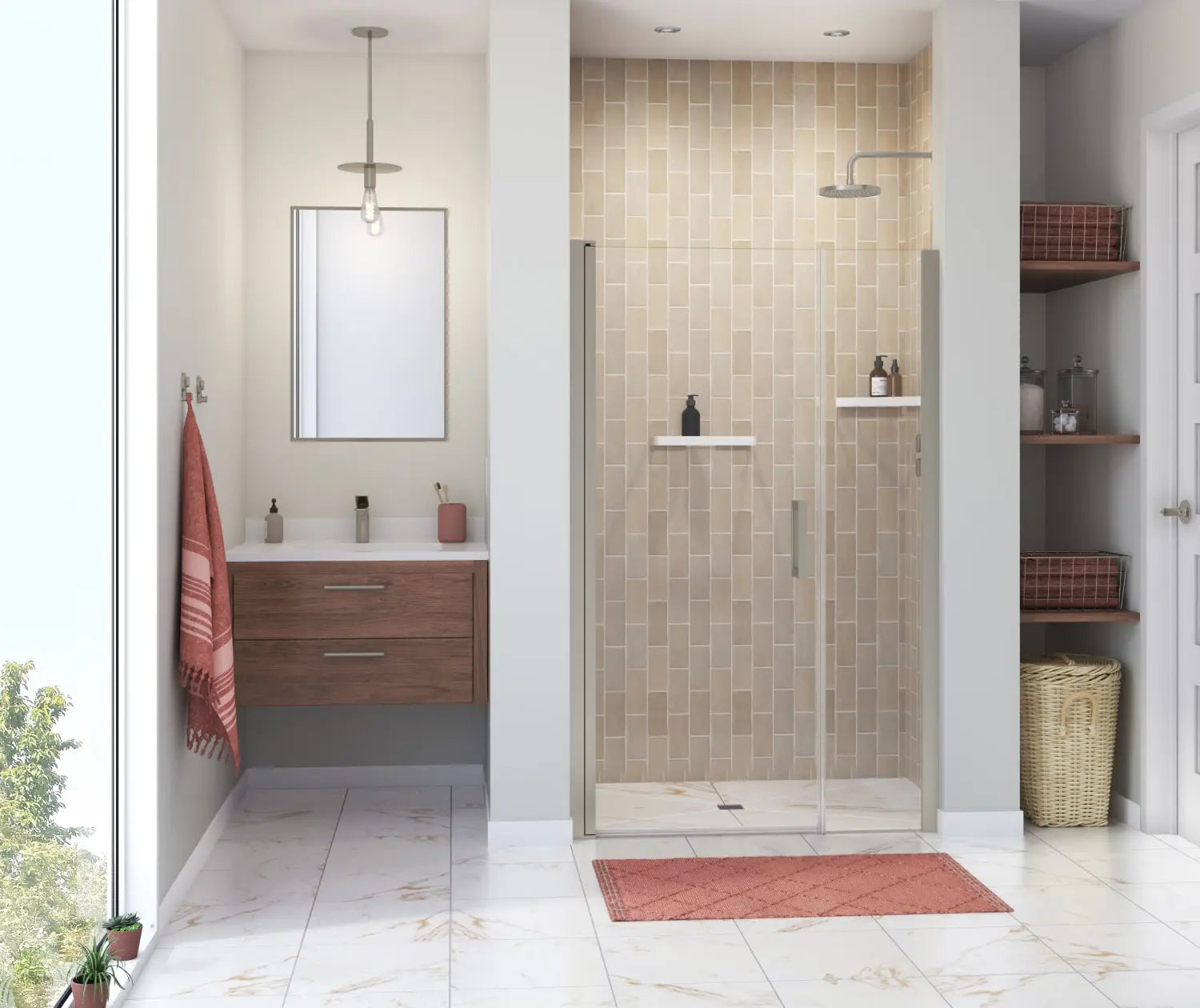 Maax Manhattan 45-47 x 68 in. 6 mm Pivot Shower Door for Alcove Installation with Clear glass & Square Handle in Brushed Nickel 138271-900-305-101 - Plumbing Market