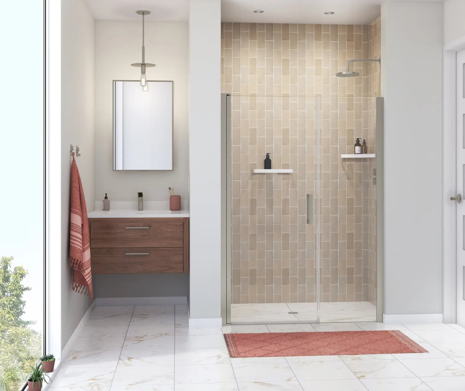 Maax Manhattan 47-49 x 68 in. 6 mm Pivot Shower Door for Alcove Installation with Clear glass & Square Handle in Brushed Nickel 138272-900-305-101 - Plumbing Market