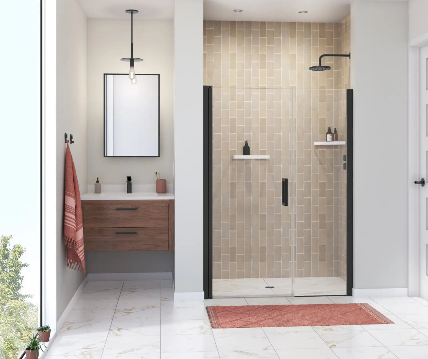 Maax Manhattan 49-51 x 68 in. 6 mm Pivot Shower Door for Alcove Installation with Clear glass & Square Handle in Matte Black 138273-900-340-101 - Plumbing Market