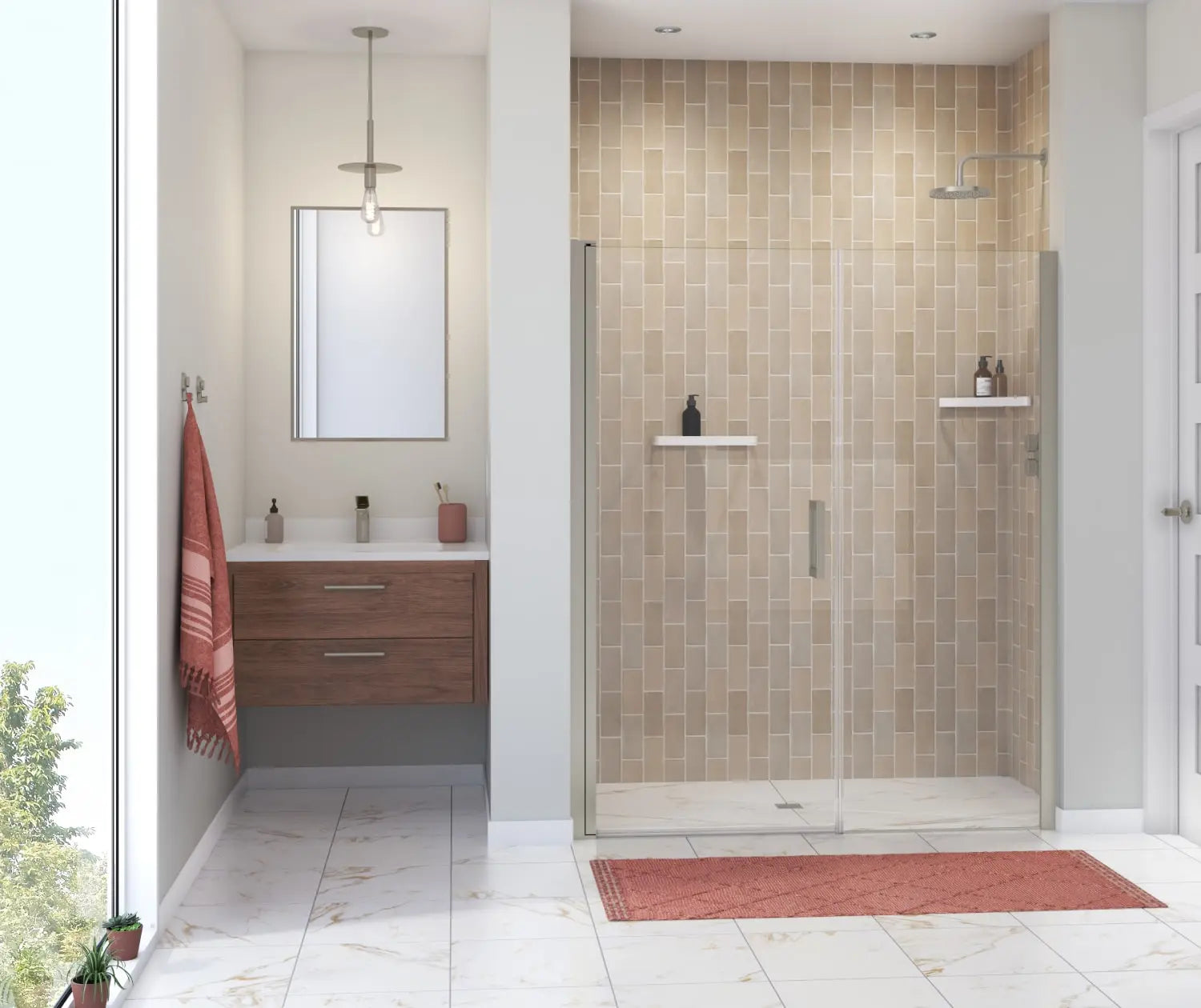 Maax Manhattan 55-57 x 68 in. 6 mm Pivot Shower Door for Alcove Installation with Clear glass & Square Handle in Brushed Nickel 138276-900-305-101 - Plumbing Market