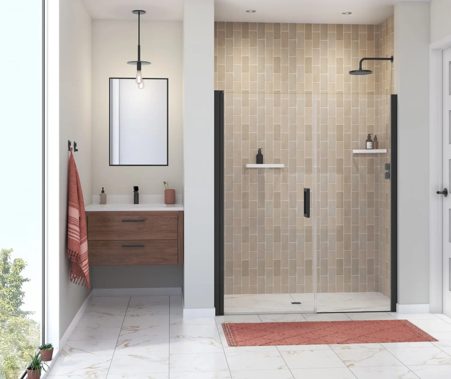 Maax Manhattan 55-57 x 68 in. 6 mm Pivot Shower Door for Alcove Installation with Clear glass & Square Handle in Matte Black 138276-900-340-101 - Plumbing Market