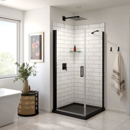 Maax Manhattan Square 36 x 36 x 72 in. 6mm Pivot Shower Door for Corner Installation with Clear glass & Round Handle in Matte Black 135230-900-340-100 - Plumbing Market