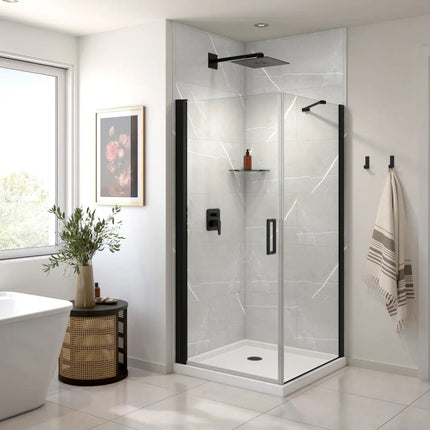 Maax Manhattan Square 36 x 36 x 72 in. 6mm Pivot Shower Door for Corner Installation with Clear glass & Round Handle in Matte Black 135230-900-340-100 - Plumbing Market