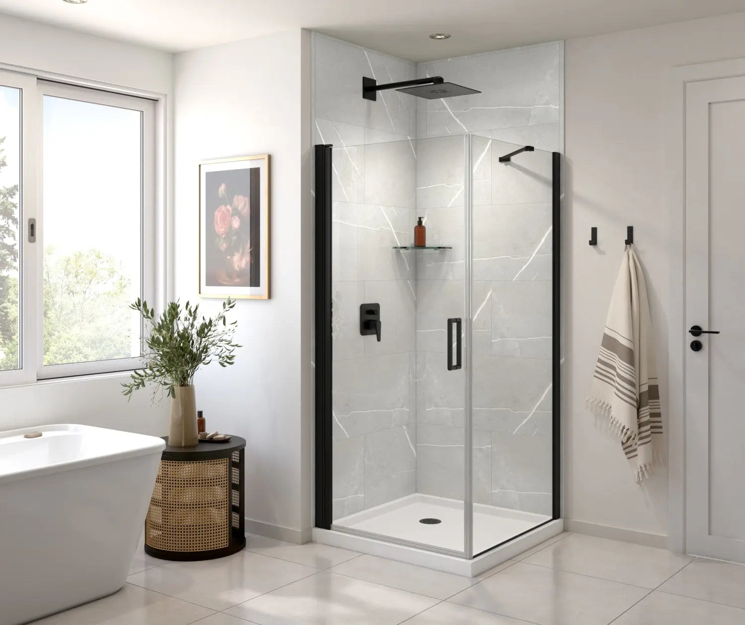 Maax Manhattan Square 36 x 36 x 72 in. 6mm Pivot Shower Door for Corner Installation with Clear glass & Round Handle in Matte Black 135230-900-340-100 - Plumbing Market