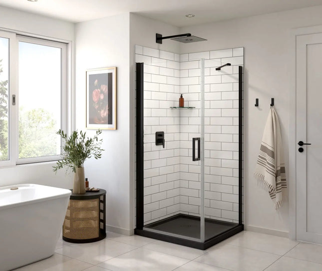 Maax Manhattan Square 36 x 36 x 72 in. 6mm Pivot Shower Door for Corner Installation with Clear glass & Square Handle in Matte Black 135230-900-340-101 - Plumbing Market