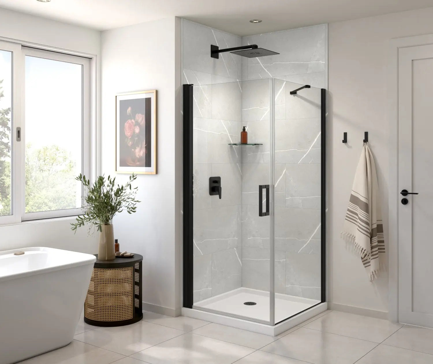 Maax Manhattan Square 36 x 36 x 72 in. 6mm Pivot Shower Door for Corner Installation with Clear glass & Square Handle in Matte Black 135230-900-340-101 - Plumbing Market
