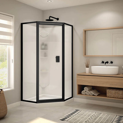 Maax Orchid 38 x 38 Polystyrene Center Drain Shower Kit in White with Centre Silk glass  in Matte Black 300022-000-129-103 - Plumbing Market