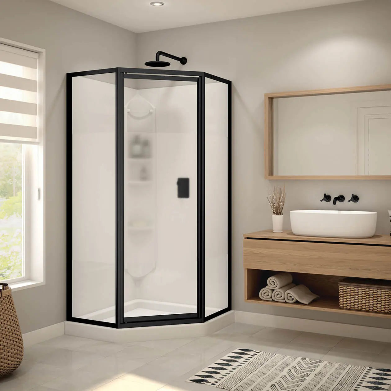 Maax Orchid 38 x 38 Polystyrene Center Drain Shower Kit in White with Centre Silk glass  in Matte Black 300022-000-129-103 - Plumbing Market