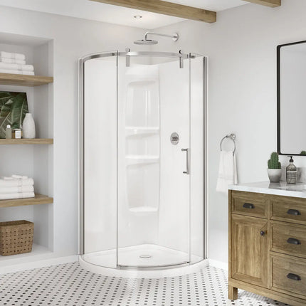 Maax Round Base 36 3 in. 36 x 36 Acrylic Corner Left or Right Shower Base with Corner Drain in White 106888-000-001-100 - Plumbing Market