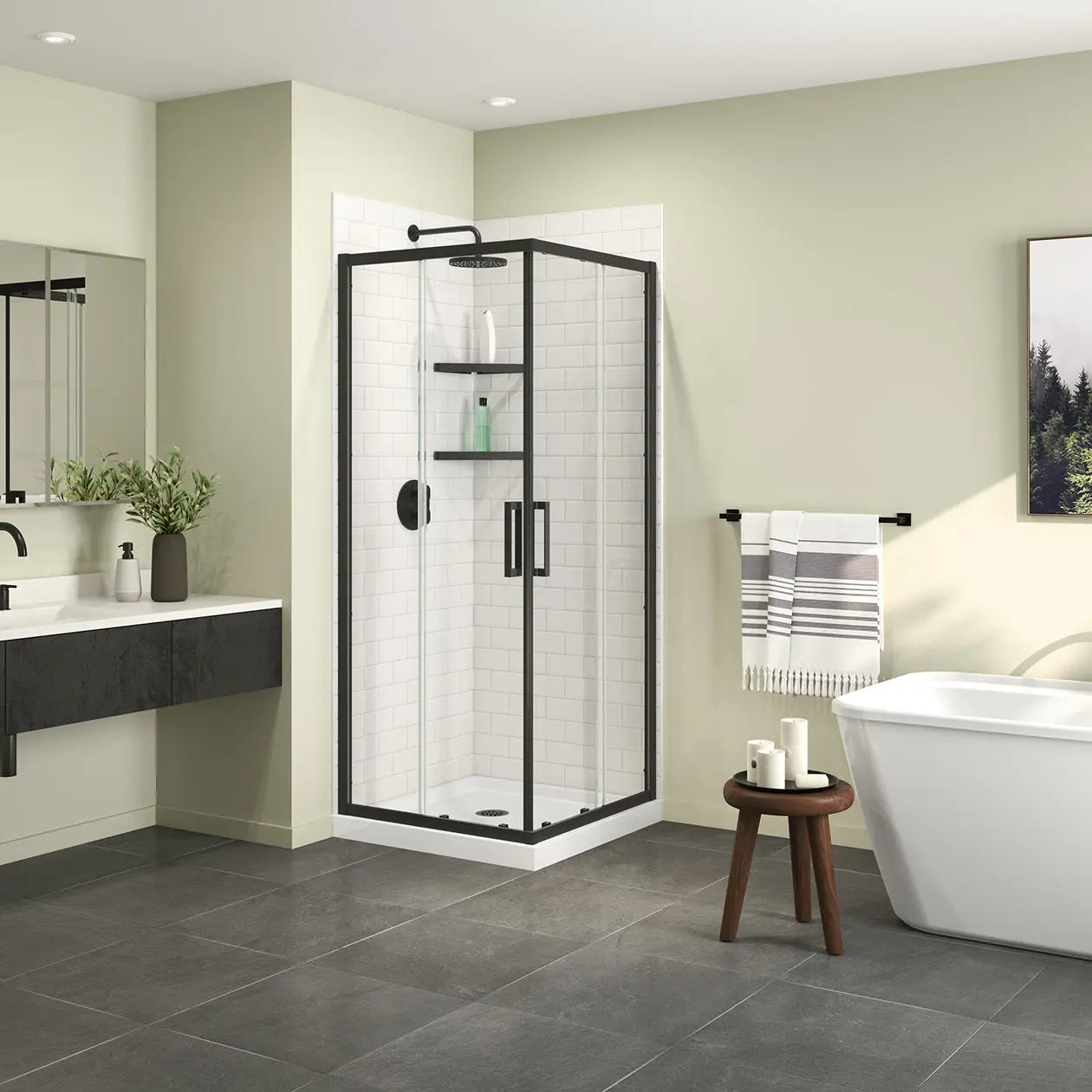 Maax Scarlet 32 x 32 Acrylic Corner Drain Shower Kit in White with Clear Glass in Matte Black 107484-900-340-000 - Plumbing Market