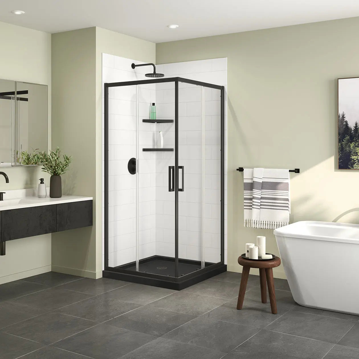 Maax Scarlet 36 x 36 Acrylic Corner Drain Shower Kit in Black with Clear Glass in Matte Black 107482-900-340-000 - Plumbing Market