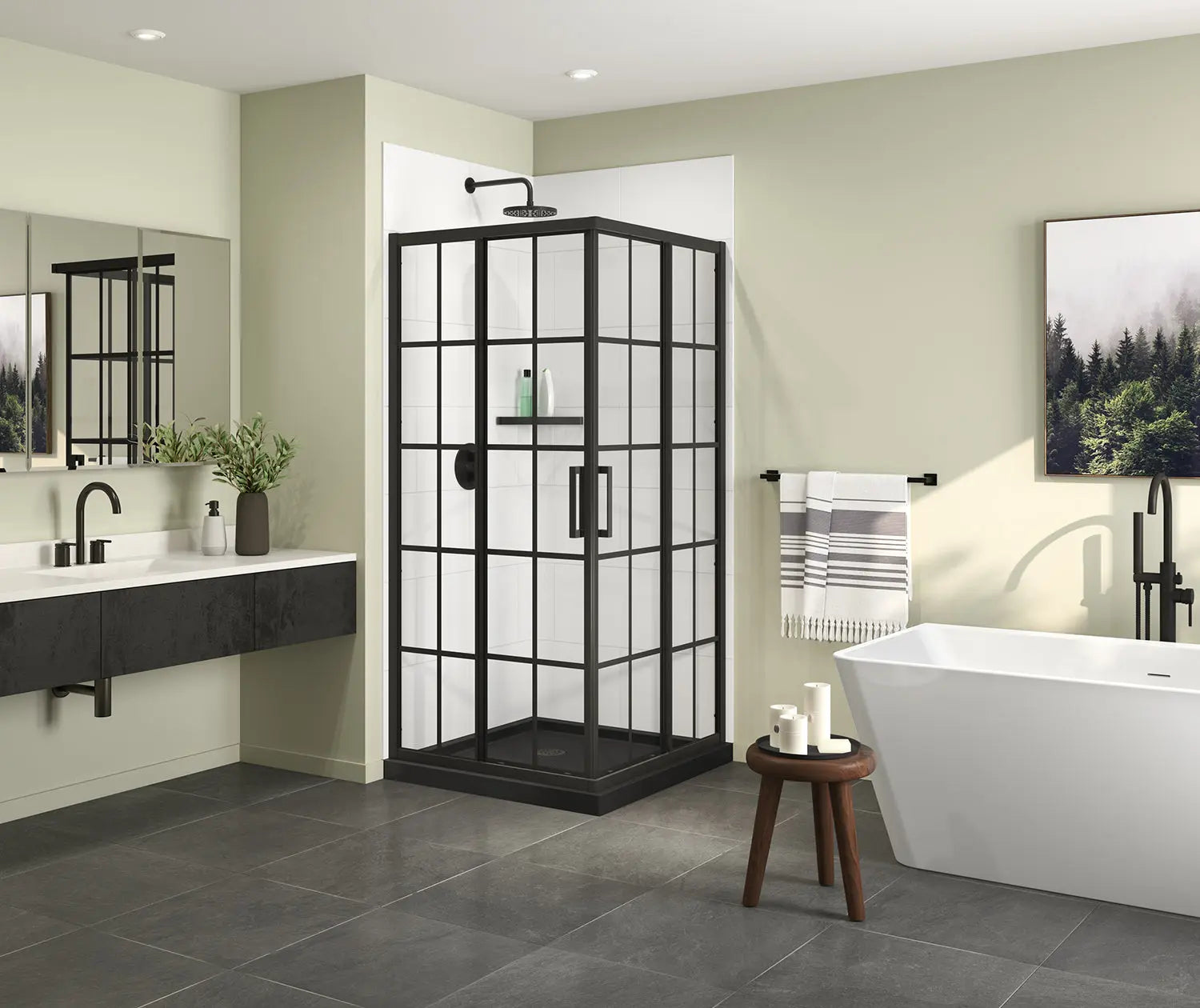 Maax Scarlet 36 x 36 Acrylic Corner Drain Shower Kit in Black with French Glass in Matte Black 107482-977-340-000 - Plumbing Market