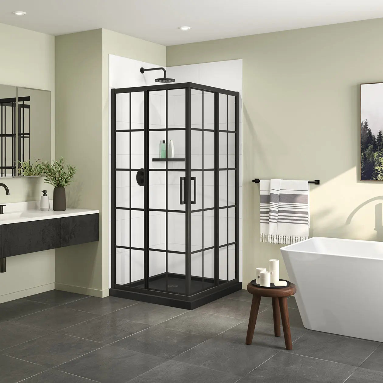Maax Scarlet 36 x 36 Acrylic Corner Drain Shower Kit in Black with French Glass in Matte Black 107482-977-340-000 - Plumbing Market