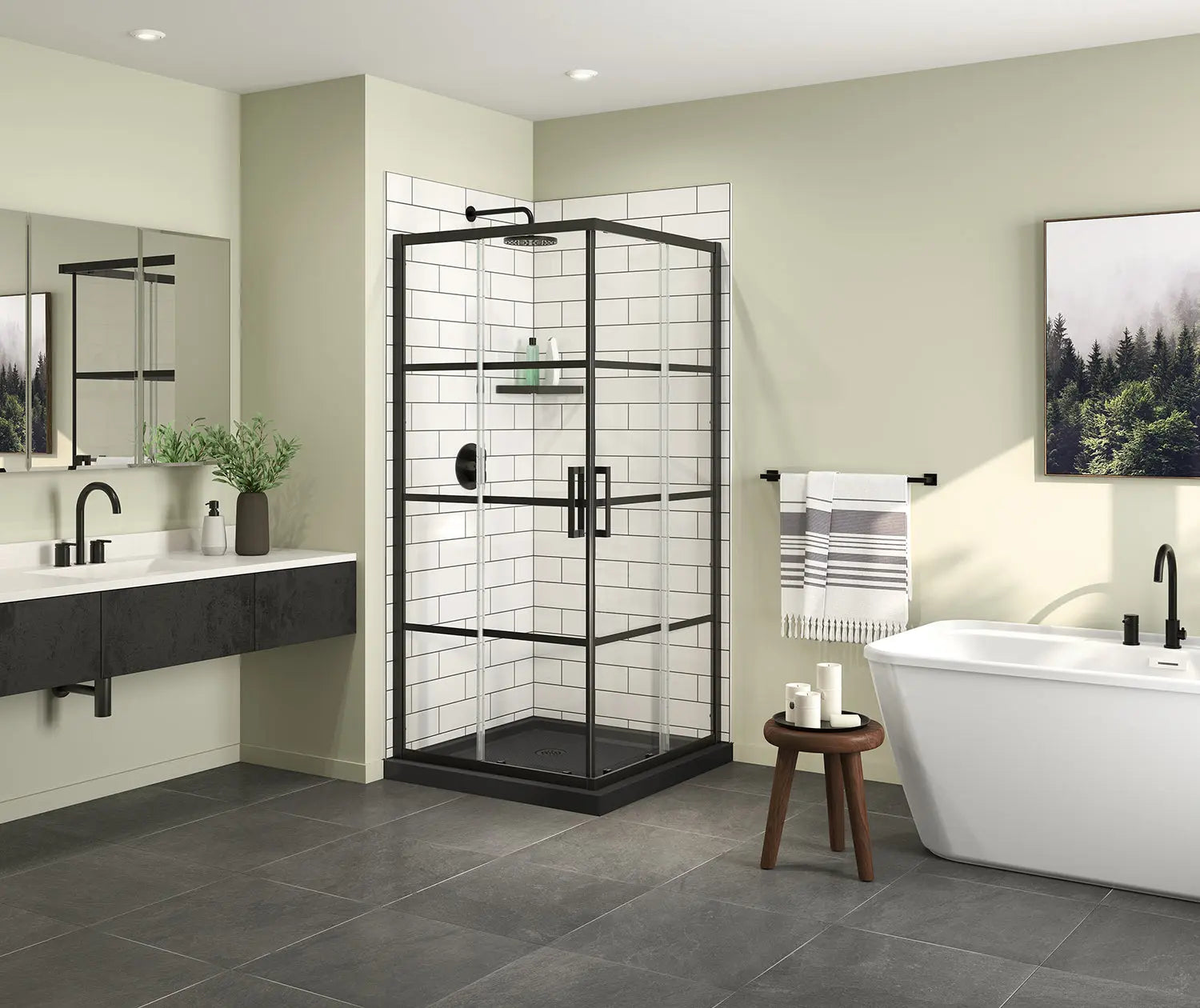 Maax Scarlet 36 x 36 Acrylic Corner Drain Shower Kit in Black with Shaker Glass in Matte Black 107482-972-340-000 - Plumbing Market