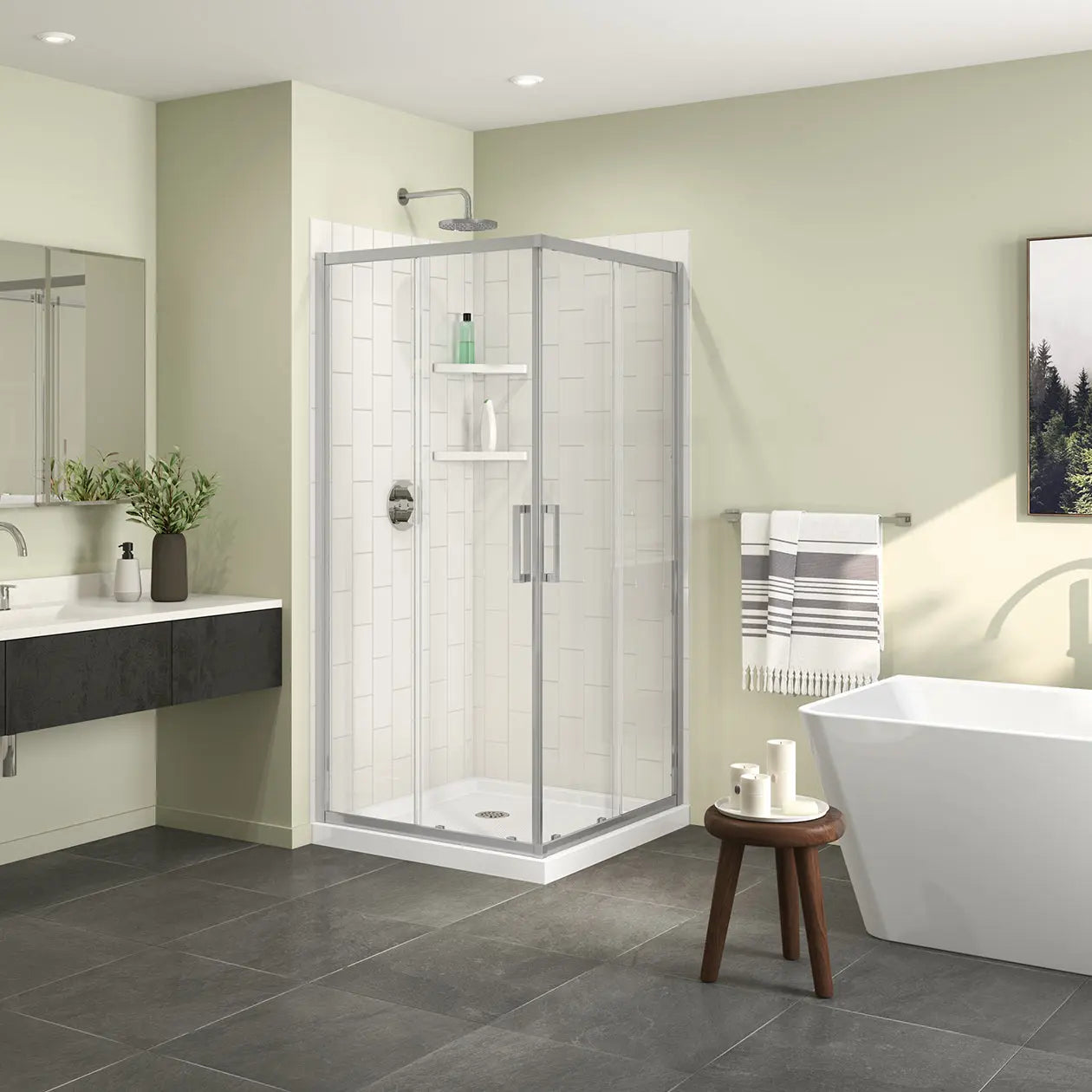Maax Scarlet 36 x 36 Acrylic Corner Drain Shower Kit in White with Clear Glass in Chrome 107481-900-084-000 - Plumbing Market