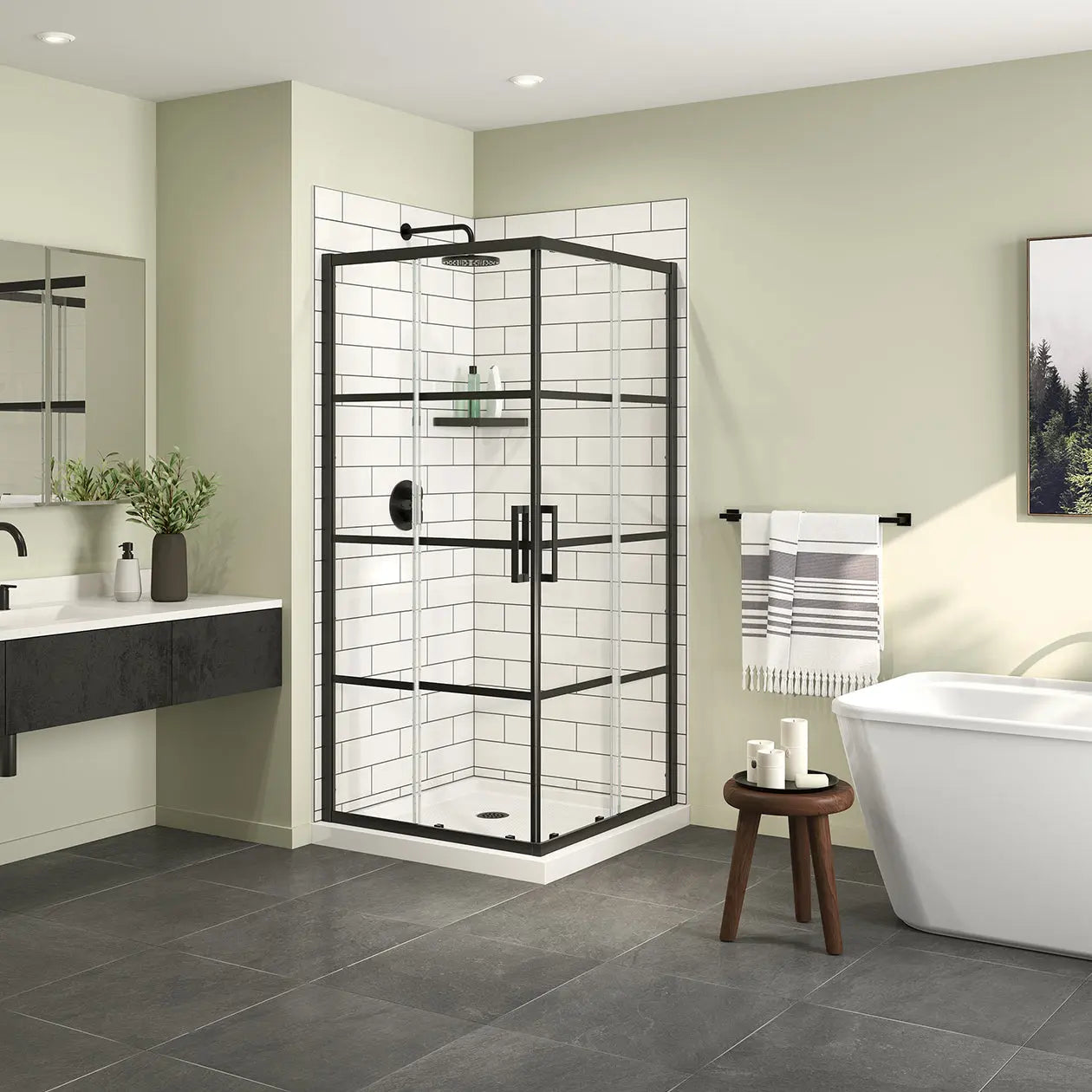Maax Scarlet 36 x 36 Acrylic Corner Drain Shower Kit in White with Shaker Glass in Matte Black 107481-972-340-000 - Plumbing Market