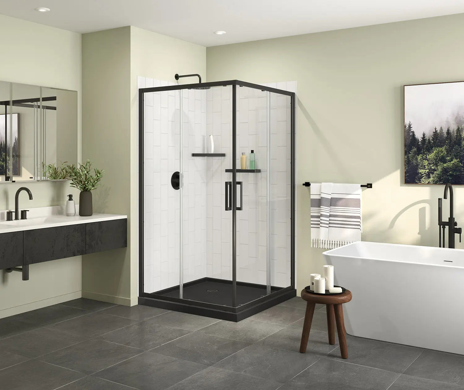 Maax Scarlet 42 x 42 Acrylic Corner Drain Shower Kit in Black with Clear Glass in Matte Black 107487-900-340-000 - Plumbing Market