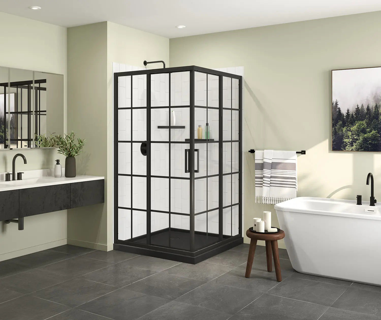 Maax Scarlet 42 x 42 Acrylic Corner Drain Shower Kit in Black with French Glass in Matte Black 107487-977-340-000 - Plumbing Market