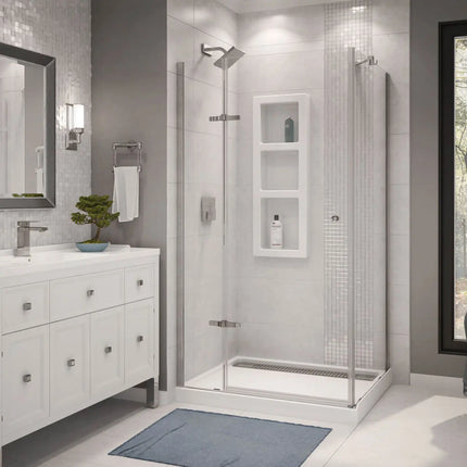 Maax Urbano II 34 x 42 Acrylic Center Drain Shower Kit in White with Clear glass  in Chrome 300010-900-084-000 - Plumbing Market