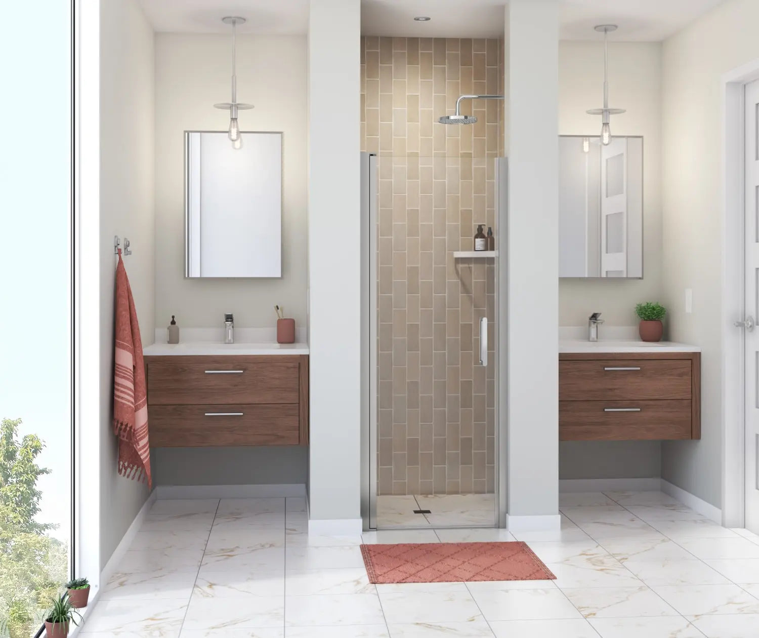 Manhattan 23-25 x 68 in. 6 mm Pivot Shower Door for Alcove Installation with Clear glass & Round Handle in Chrome - Plumbing Market