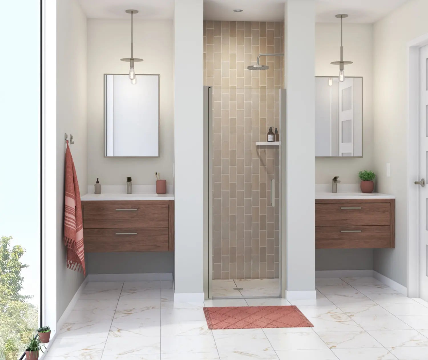 Manhattan 25-27 x 68 in. 6 mm Pivot Shower Door for Alcove Installation with Clear glass & Round Handle in Brushed Nickel - Plumbing Market