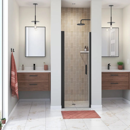Manhattan 25-27 x 68 in. 6 mm Pivot Shower Door for Alcove Installation with Clear glass & Round Handle in Matte Black - Plumbing Market