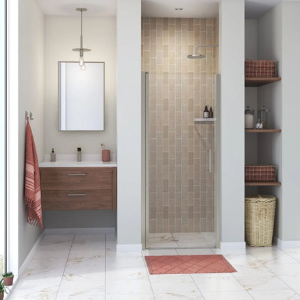 Manhattan 29-31 x 68 in. 6 mm Pivot Shower Door for Alcove Installation with Clear glass & Round Handle in Brushed Nickel - Plumbing Market