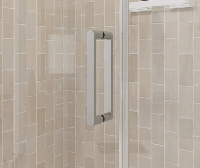 Manhattan 39-41 x 68 in. 6 mm Pivot Shower Door for Alcove Installation with Clear glass & Round Handle in Brushed Nickel - Plumbing Market