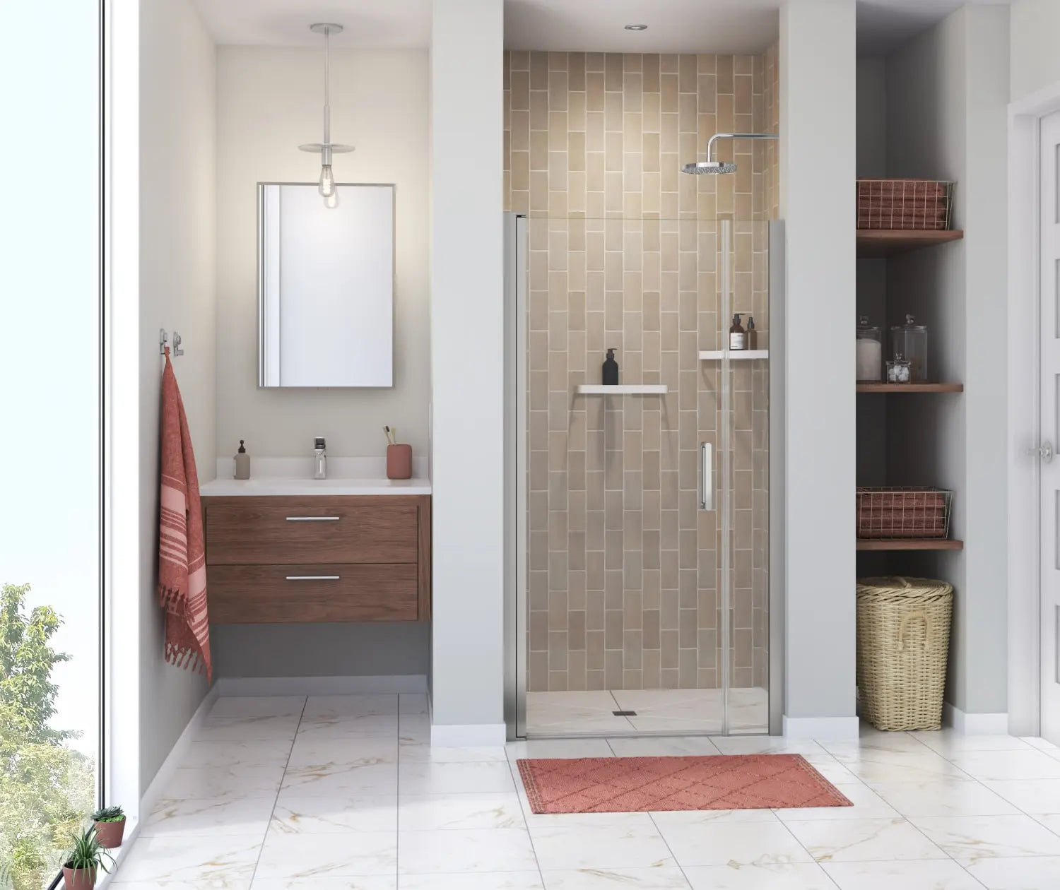 Manhattan 39-41 x 68 in. 6 mm Pivot Shower Door for Alcove Installation with Clear glass & Round Handle in Chrome - Plumbing Market
