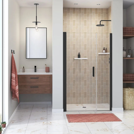 Manhattan 41-43 x 68 in. 6 mm Pivot Shower Door for Alcove Installation with Clear glass & Round Handle in Matte Black - Plumbing Market