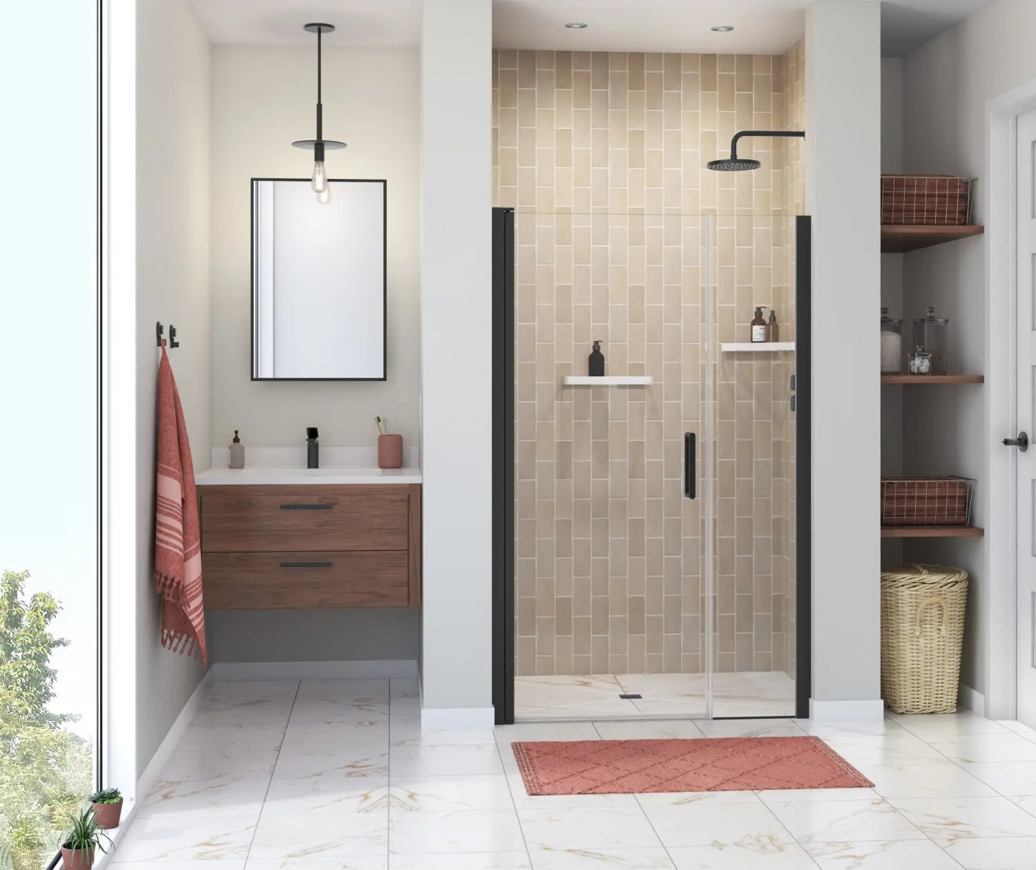 Manhattan 41-43 x 68 in. 6 mm Pivot Shower Door for Alcove Installation with Clear glass & Round Handle in Matte Black - Plumbing Market