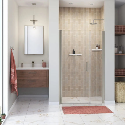 Manhattan 45-47 x 68 in. 6 mm Pivot Shower Door for Alcove Installation with Clear glass & Round Handle in Brushed Nickel - Plumbing Market