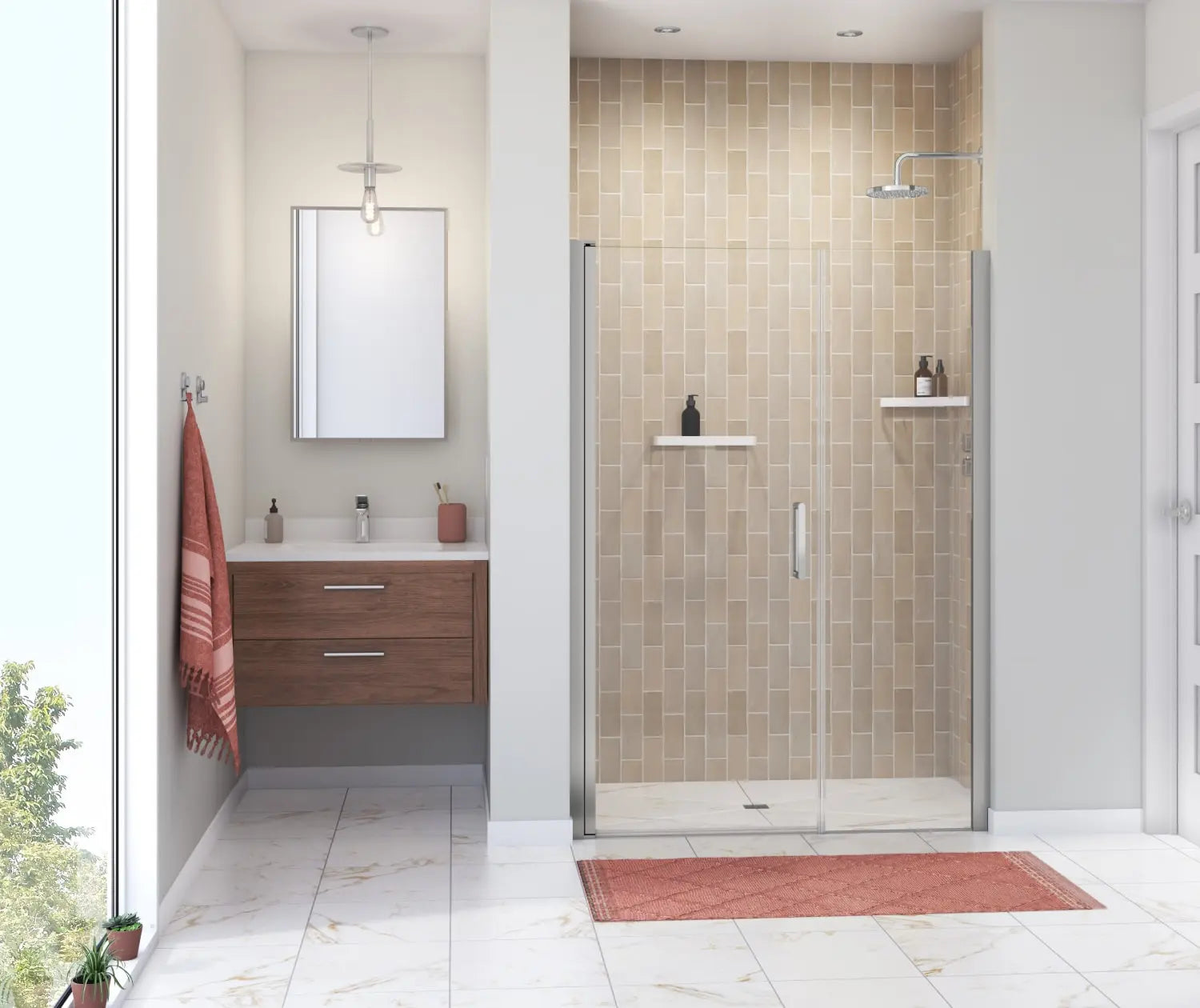 Manhattan 51-53 x 68 in.6 mm Pivot Shower Door for Alcove Installation with Clear glass & Round Handle in Chrome - Plumbing Market