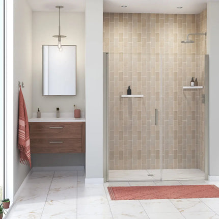 Manhattan 55-57 x 68 in. 6 mm Pivot Shower Door for Alcove Installation with Clear glass & Round Handle in Brushed Nickel - Plumbing Market